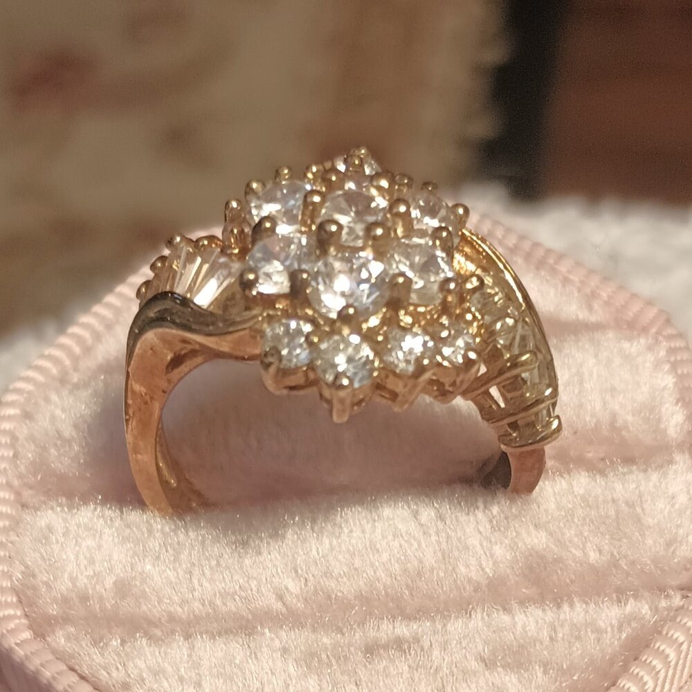 Gold Tone Sterling Silver Round and Baguette CZ Cluster Ring.